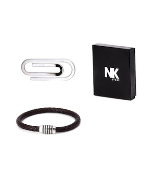 Set De Joyería NK Steel Pulsera De Piel Sintética Con Acero Inoxidable Y Porta Billetes De Acero Inoxidable