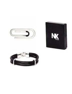Set de joyería NK Steel pulsera de piel sintética con acero inoxidable y porta billetes de acero inoxidable