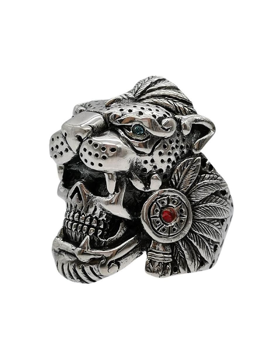 Anillo Guerrero Craneo Jaguar P 925 de plata pulido