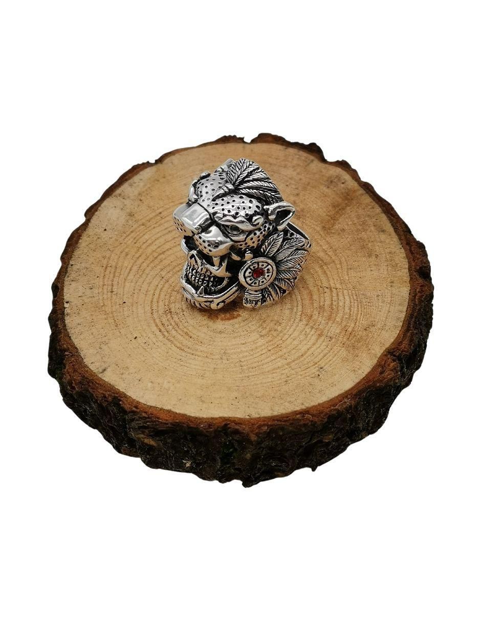 Anillo Guerrero Craneo Jaguar P 925 de plata pulido 3